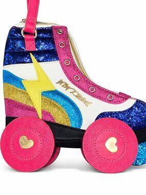 Betsey Johnson Roller Skate Blue Pink Yellow Rainbow Glitter Crossbody Bag Purse